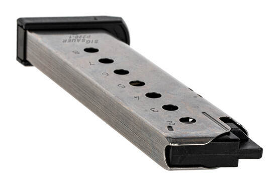 The Sig P220 Factory Magazine features stainless steel construction and side witness holes